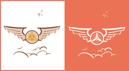 Aviator wings badge. Aviation symbol, airplain pilot emblem. Hand drawn illustration with clouds, stars & birds. Customizable vector graphics. © swook
