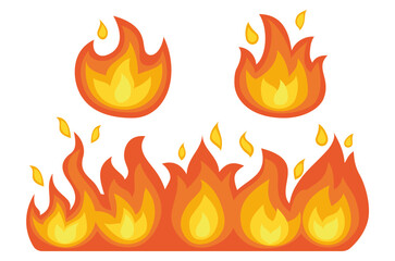 Burning flames with varying shapes and sizes in vibrant orange and yellow colors. Ideal for themes of heat, danger, energy, passion, and emergency. Bright and attention-grabbing style