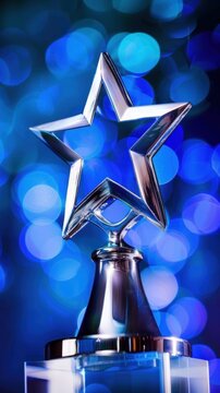 Close-up of a trophy with shining stars background. Celebrating achievements and success.