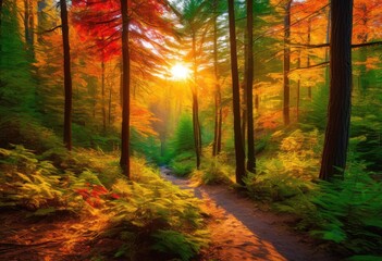 Obraz premium vibrant sunrise over lush forest trails beckoning wanderers colorful foliage splendor, colors, trees, light, nature, path, morning, landscape, leaves