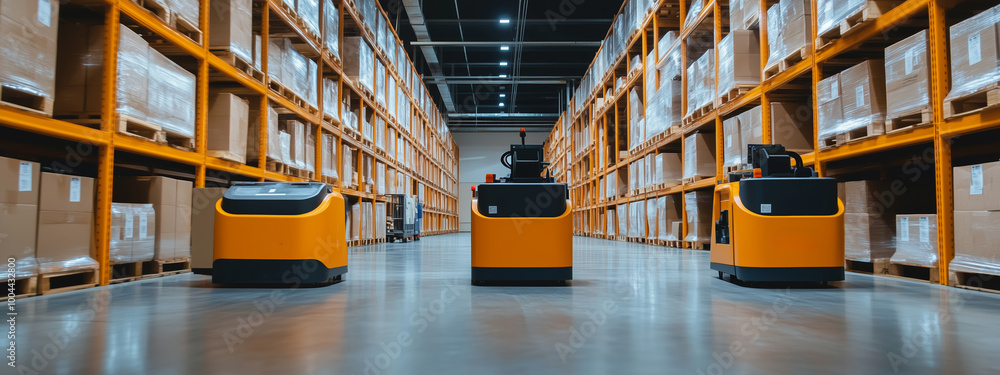 Poster automated robots navigating through a modern warehouse filled with neatly stacked boxes during the d