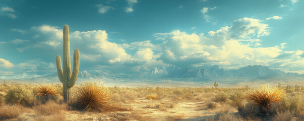 The Arizona desert, a vast landscape, features cacti and mountains in the background, with a vintage, retro aesthetic. The image is ultra-realistic and cinematic in style.