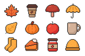 autumn pixel art set of icons, vintage, 8 bit, 80s, 90s game, computer arcade items, thanksgiving, fall season, maple leaf, coffee cup, mushroom, umbrella, pumpkin, apple, socks, pumpkin pie, jam, hat
