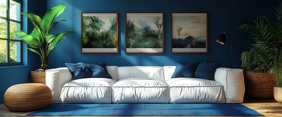 Modern living room interior with white sofa and blue walls