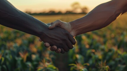 A close-up of dark-skinned hands shaking in agreement, with a vast field of crops in the background.