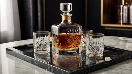 A crystal whiskey decanter with matching glasses, arranged neatly on a polished stone base, perfect for gifting to luxury enthusiasts and home bar aficionados.
