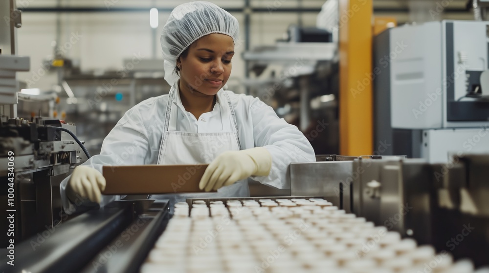 Canvas Prints A factory worker carefully packages products in a large production facility during the daytime