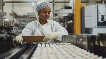 A factory worker carefully packages products in a large production facility during the daytime