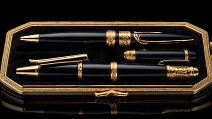 Naklejka premium A luxurious pen set with sleek gold accents, neatly arranged in a velvet-lined case, set against a black background, perfect for showcasing high-end gifts.