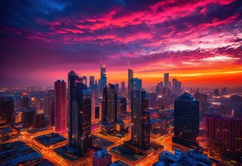 Fototapeta premium stunning city skylines showcasing dramatic lighting effects dusk vibrant colors striking architectural features, aerial, ambiance, architecture, art, buildings