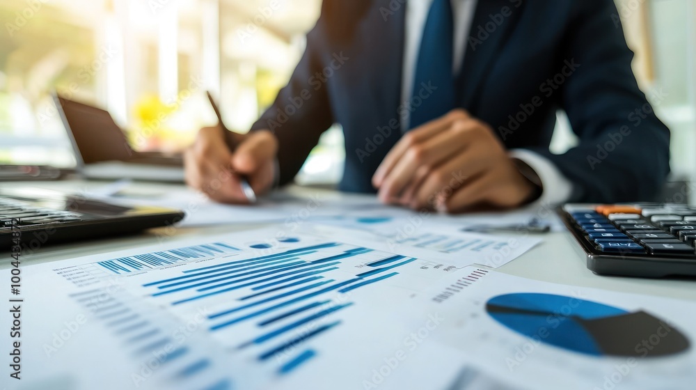 Aufkleber professional analyzing financial data with charts and calculator in an office setting.