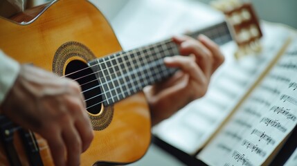 Obraz premium A close-up of a person playing a guitar, with sheet music in the background.