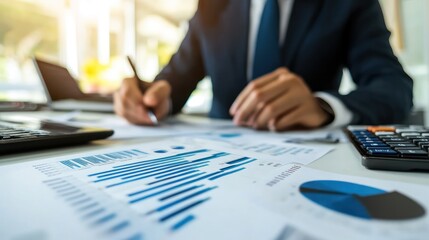 Professional analyzing financial data with charts and calculator in an office setting.
