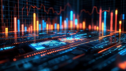 Obraz premium Futuristic digital networks connect in abstract patterns, charts and graphs alive with energy.
