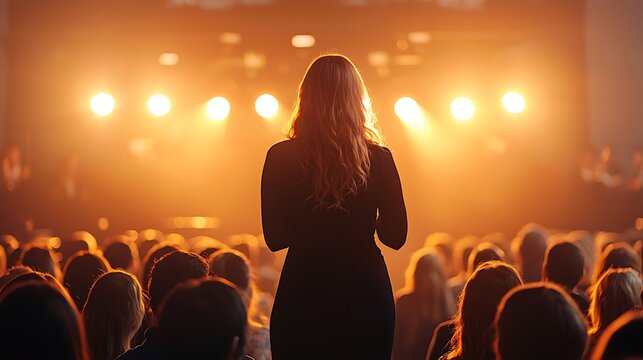 On stage, a woman speaks confidently, the audience captivated by the lights and energy.