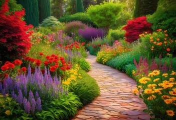 colorful lively garden walkways enclosed colorful flower beds lush green foliage, blossoms, blooms, buds, petals, flowers, flora, vegetation, park