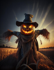 A scarecrow with a pumpkin on his head is standing in a field