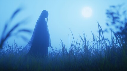 Eerie Beauty of an Ancient Chinese Ghostly Maiden in Moonlit Rice Field