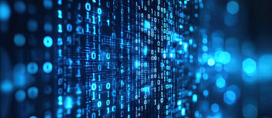 Futuristic blue data stream with glowing binary code