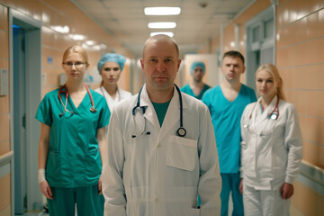 Photography of Russia team of professional workers in a modern hospital.	