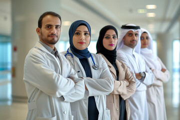 Fototapeta premium Photography of Qatar team of professional workers in a modern hospital. 