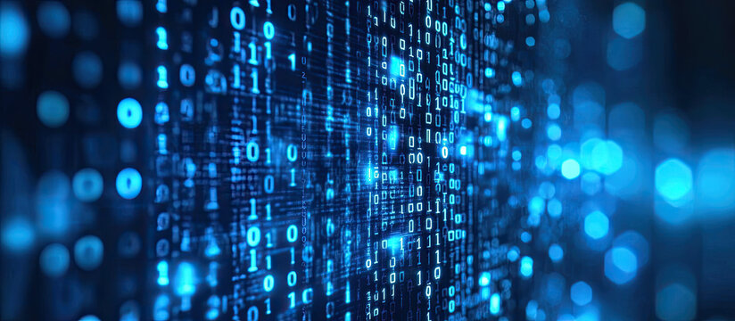 Futuristic blue data stream with glowing binary code - Powered by Adobe