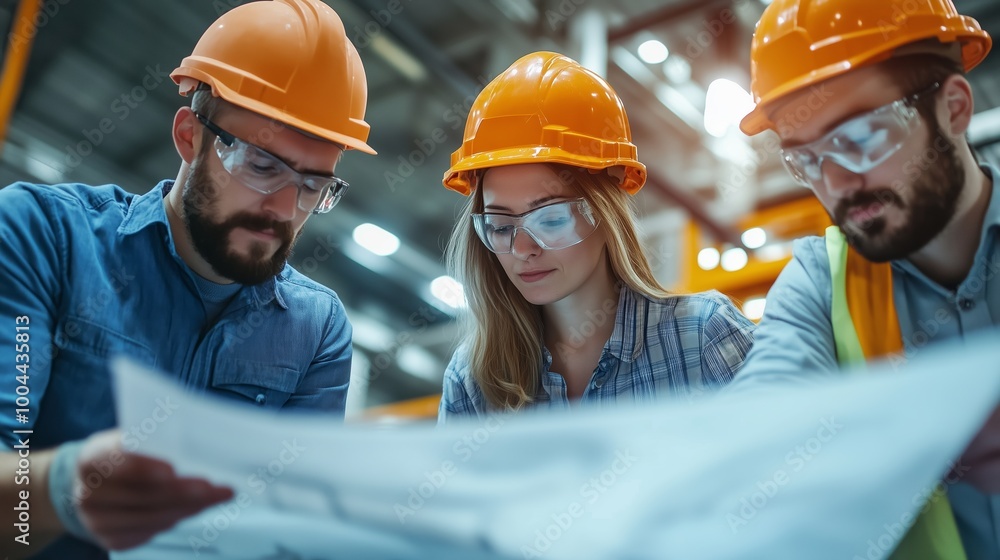 Poster team of construction workers analyzing blueprints in an industrial setting during daylight hours, fo