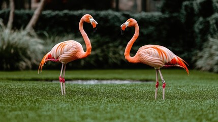 Fototapeta premium Two elegant pink flamingos wade through calm water at an animal park, set against a vibrant backdrop of green grass and trees under clear blue skies