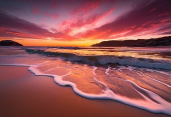 vibrant coastal sunset displaying serene wave patterns illuminated golden light, beach, ocean, waves, horizon, sky, colors, reflections, nature