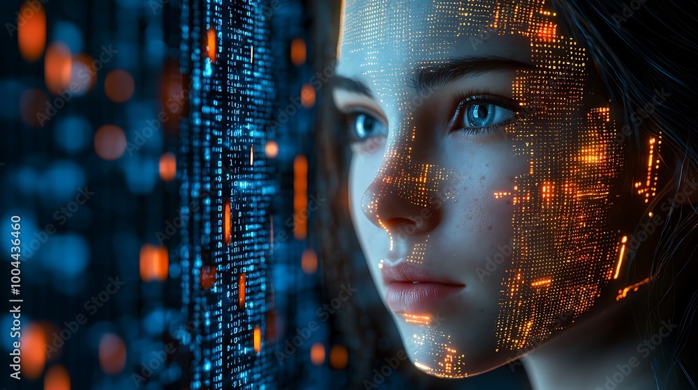 Poster a futuristic woman with a digital face stares out, her features blending with binary code.