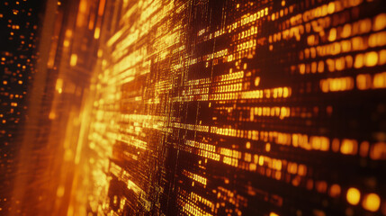 Dynamic digital data stream in a futuristic setting with glowing orange patterns reflecting technology