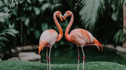 Two elegant pink flamingos wade through calm water at an animal park, set against a vibrant backdrop of green grass and trees under clear blue skies