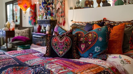 A bohemian inspired bed with patterned heart shaped pillows rich textures and vibrant colors