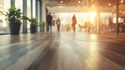People Walking in Modern Office with Soft Lighting