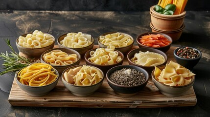 A wooden tray with many bowls of pasta and vegetables