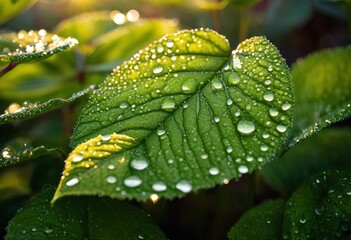 stunning close dew drenched garden plants showcasing vibrancy intricate details, abundance, botanical, blossom, brightness, droplet, drops, environment