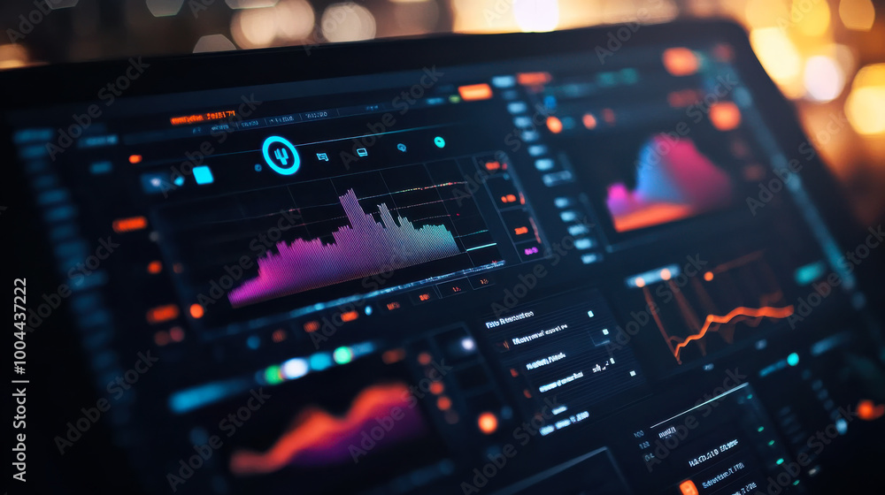 Poster advanced data analysis dashboard displaying financial metrics and trends during nighttime in a moder