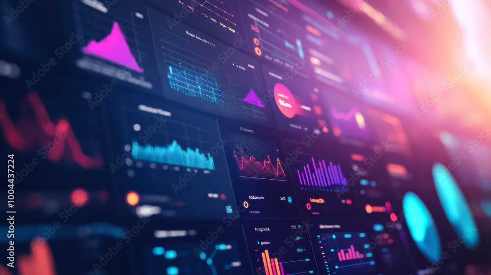 Poster advanced data analysis dashboard displaying financial metrics and trends during nighttime in a moder