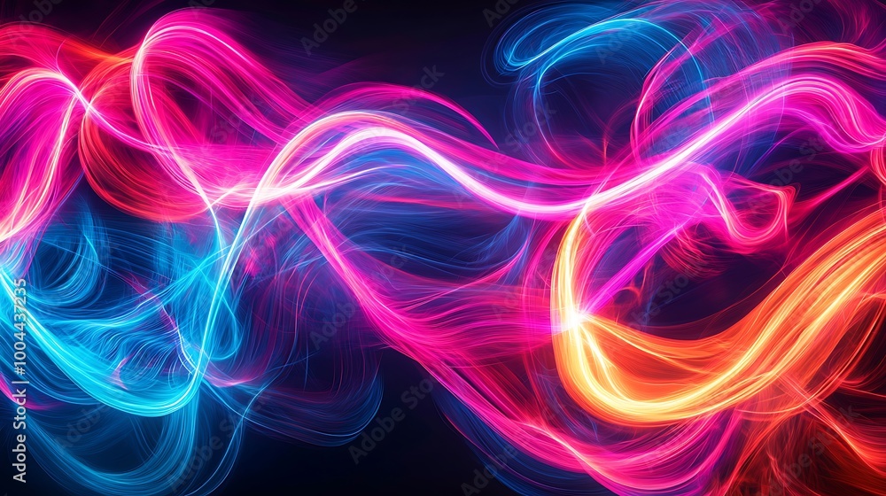 Poster dynamic lines of colorful light flow in neon swirls, a textured background filled with glowing energ
