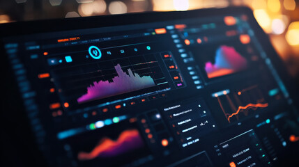 Advanced data analysis dashboard displaying financial metrics and trends during nighttime in a modern office setting