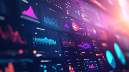 Obraz premium Advanced data analysis dashboard displaying financial metrics and trends during nighttime in a modern office setting