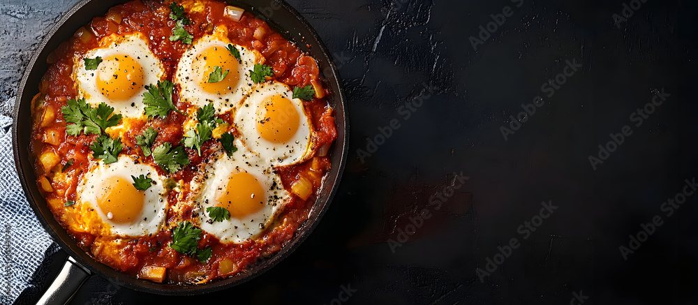 Poster top view of a sizzling shakshuka in a frying pan set against a dark background with ample copy space