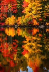 captivating reflection vibrant autumn colors calm lake surrounded beauty, trees, orange, yellow, red, nature, scenery, landscape, water, sunlight, leaves