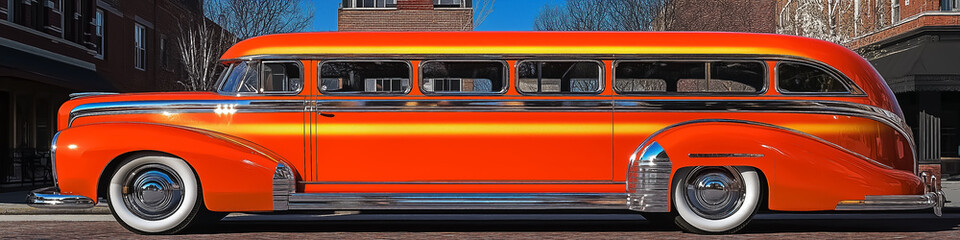 A vibrant vintage orange bus showcasing retro design, ideal for automotive events, road trip promotions, and nostalgic themes.