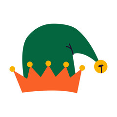 Green Elf Cap. Christmas and New Year decorations, carnival party hat. Trendy modern vector illustration isolated on white background, hand drawn, flat design
