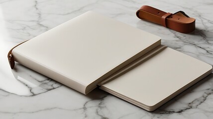A clean, minimalist notebook with a leather strap, placed on a smooth marble surface with no branding or additional elements, perfect for gifting and emphasizing timeless design.