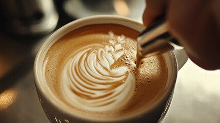 A close-up of a barista pouring latte art into a cup of coffee.