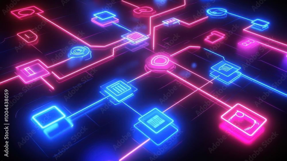 Poster virtual process flow diagram, neon-lit digital elements, representing automated aid in business solu