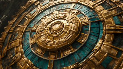Obraz premium Spartan shield in labyrinth of legends. Mayan Ritual. Illustration