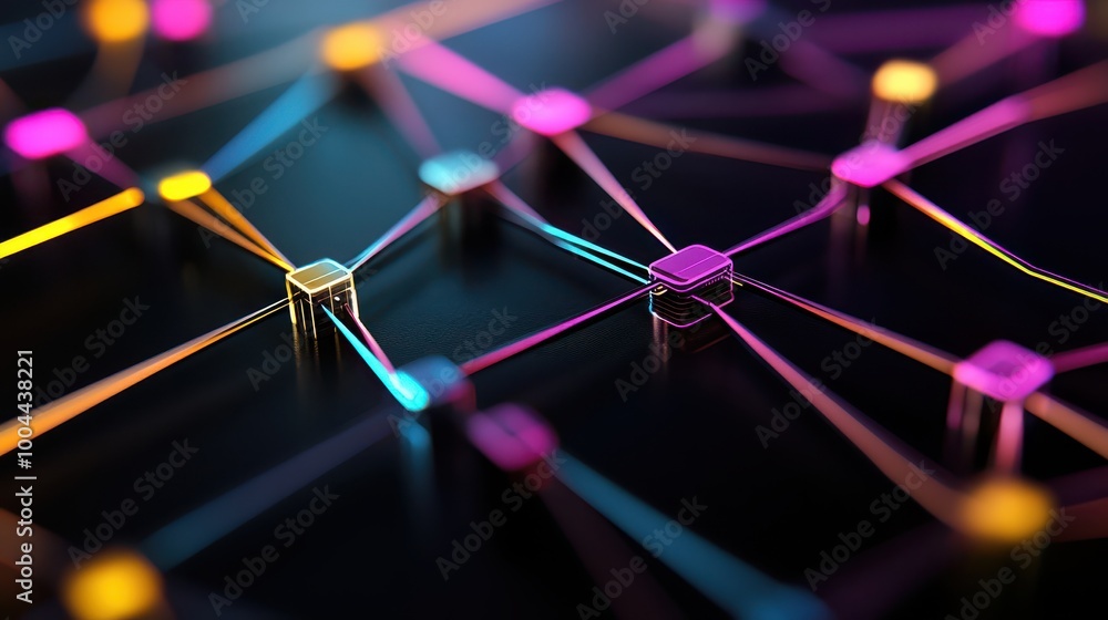 Poster electronic devices forming a streamlined support network, digital connections glowing in vibrant col